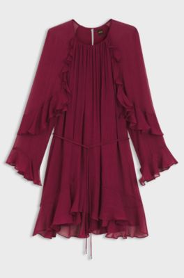 Belted dress with bell sleeves, Dark Red