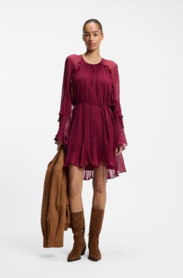 Belted dress with bell sleeves, Dark Red