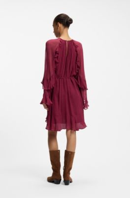 Belted dress with bell sleeves, Dark Red