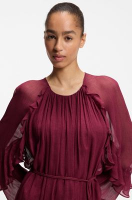 Vestito con cintura e maniche a corolla, Rosso scuro