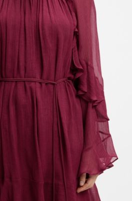 Vestito con cintura e maniche a corolla, Rosso scuro