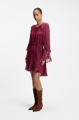 Vestito con cintura e maniche a corolla, Rosso scuro