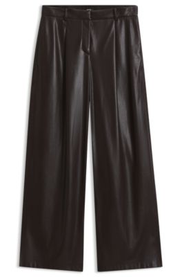 Wide-leg trousers in faux leather, Dark Brown