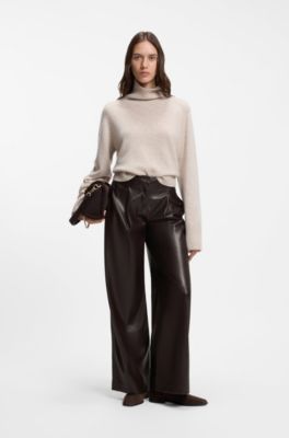 Wide-leg trousers in faux leather, Dark Brown