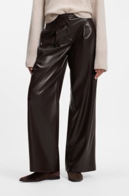 Wide-leg trousers in faux leather, Dark Brown