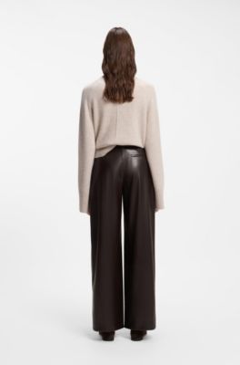 Wide-leg trousers in faux leather, Dark Brown