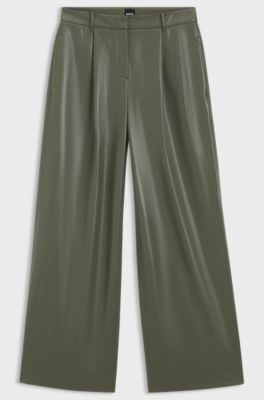 Wide-leg trousers in faux leather, Dark Green