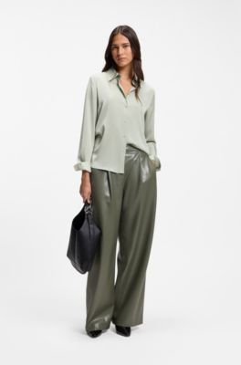 Wide-leg trousers in faux leather, Dark Green
