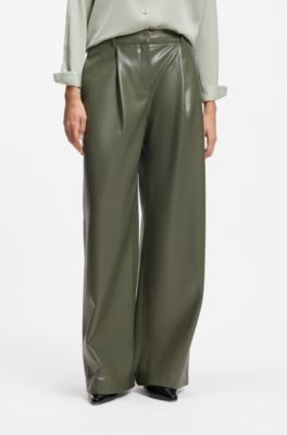 Wide-leg trousers in faux leather, Dark Green