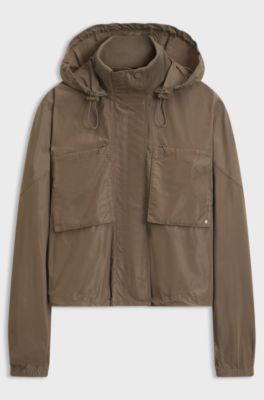 Lightweight hooded windbreaker with knitted collar, Brown