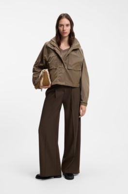 Lightweight hooded windbreaker with knitted collar, Brown