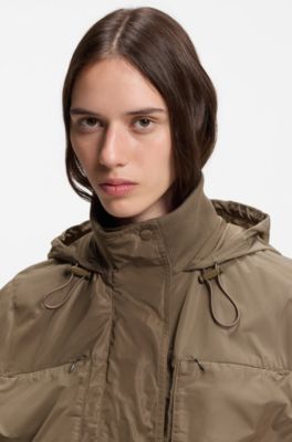 Lightweight hooded windbreaker with knitted collar, Brown