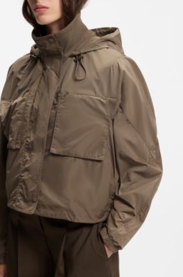 Lightweight hooded windbreaker with knitted collar, Brown