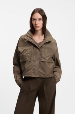 Lightweight hooded windbreaker with knitted collar, Brown