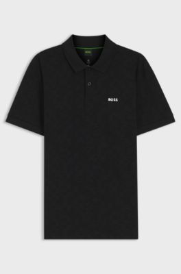 Cotton-piqu&eacute; polo shirt with all-over print, Black