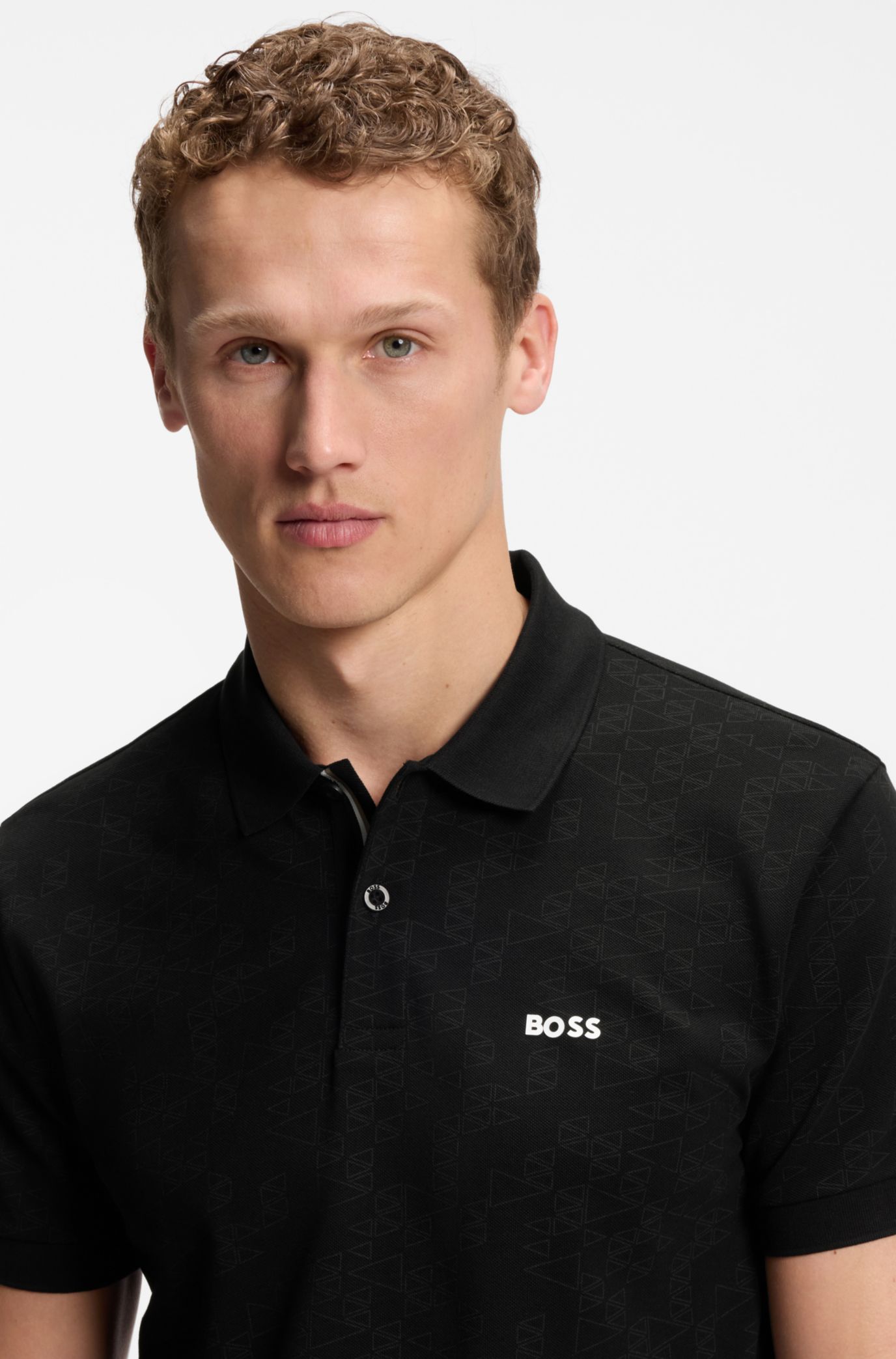 Cotton-piqué polo shirt with all-over print, Black