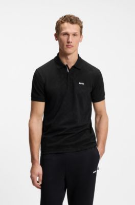 Cotton-piqu&eacute; polo shirt with all-over print, Black