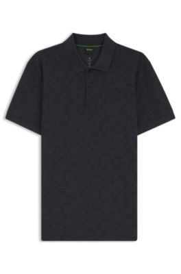 Cotton-piqué polo shirt with all-over print, Dark Blue