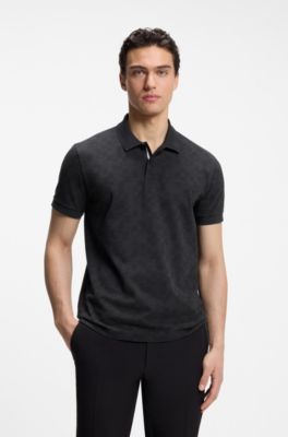 Cotton-piqu&eacute; polo shirt with all-over print, Dark Blue