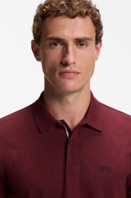 Cotton-piqu&eacute; polo shirt with all-over print, Dark Red