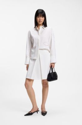 Pleated A-line mini skirt in stretch fabric, Natural