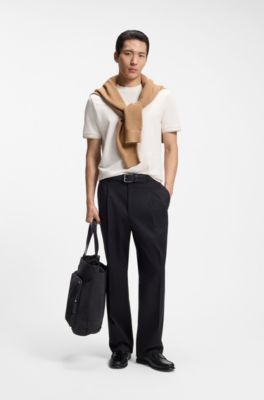 Structured-cotton T-shirt with cuff stripes, Natural