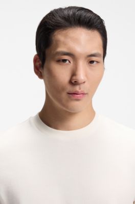 Structured-cotton T-shirt with cuff stripes, Natural