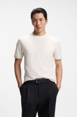 Structured-cotton T-shirt with cuff stripes, Natural