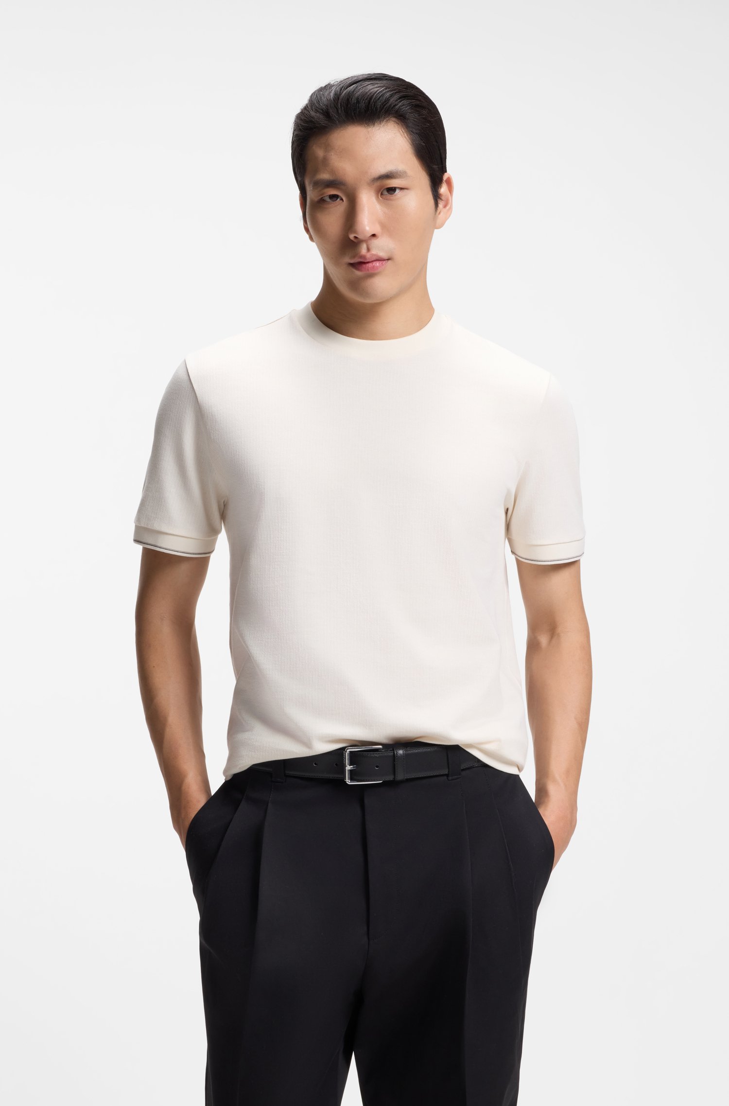 Boss Structured-cotton T-shirt with cuff stripes herr