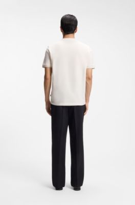 Structured-cotton T-shirt with cuff stripes, Natural