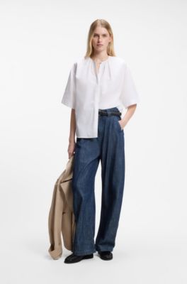 Relaxed-fit cotton blouse with gathered neckline, White