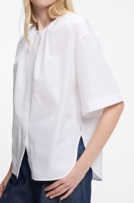 Relaxed-fit cotton blouse with gathered neckline, White