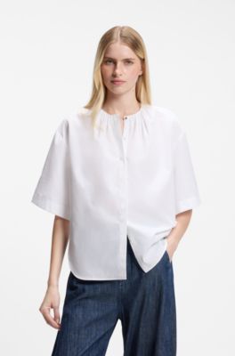 Relaxed-fit cotton blouse with gathered neckline, White