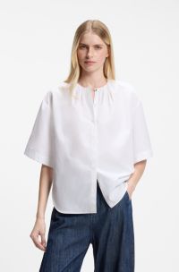 Relaxed-fit cotton blouse with gathered neckline, White