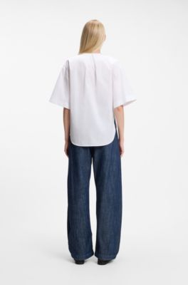 Relaxed-fit cotton blouse with gathered neckline, White