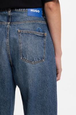 Jeans a gamba larga con vestibilit&agrave; comoda in cotone rigido, Blu