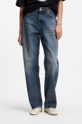 Jeans a gamba larga con vestibilit&agrave; comoda in cotone rigido, Blu