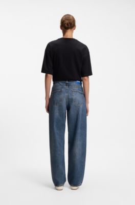 Jeans a gamba larga con vestibilit&agrave; comoda in cotone rigido, Blu