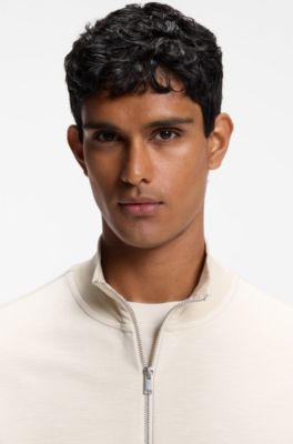 Stand-collar zip-front sweatshirt in cotton, Natural