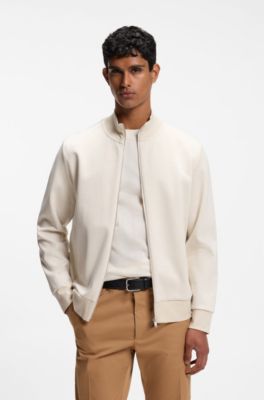 Stand-collar zip-front sweatshirt in cotton, Natural
