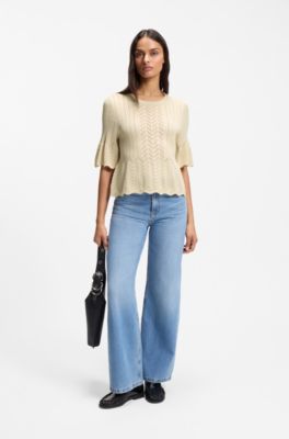 Regular-fit sweater with open-knit structure, Light Beige