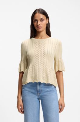 Regular-fit sweater with open-knit structure, Light Beige