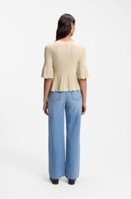 Regular-fit sweater with open-knit structure, Light Beige