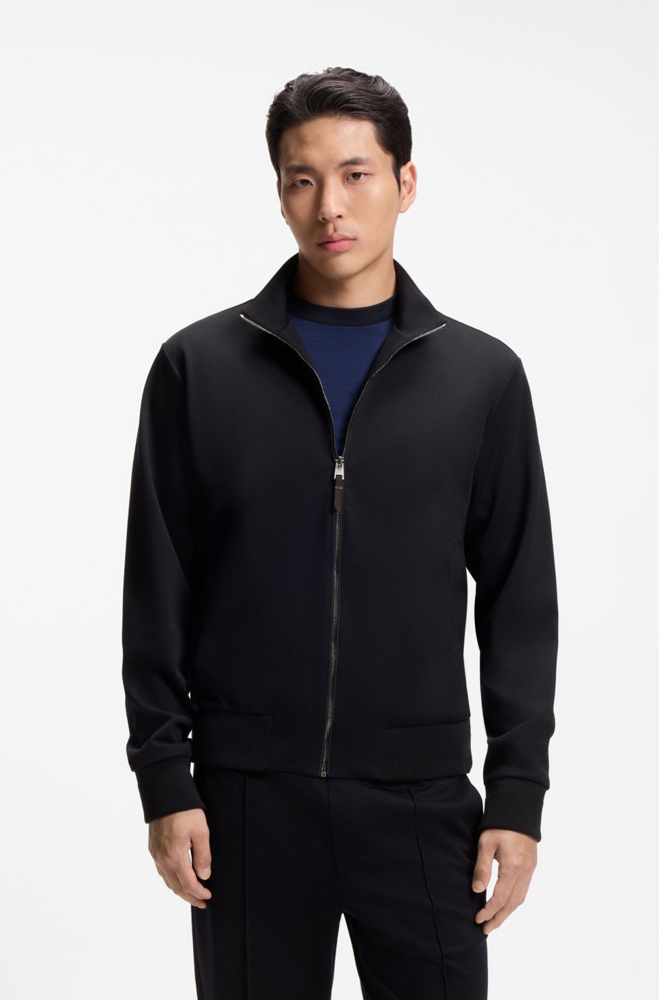 Stand-collar wool-blend sweatshirt with full zip
