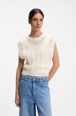 Cotton-blend top with open-knit structure, Natural