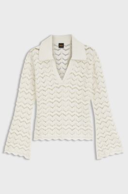 V-neck sweater in an open-knit cotton blend, Natural