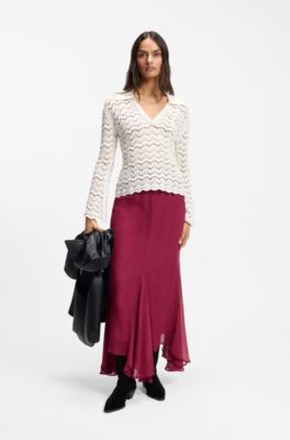 V-neck sweater in an open-knit cotton blend, Natural