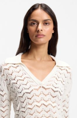 V-neck sweater in an open-knit cotton blend, Natural