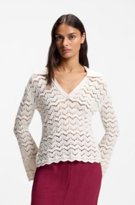 V-neck sweater in an open-knit cotton blend, Natural