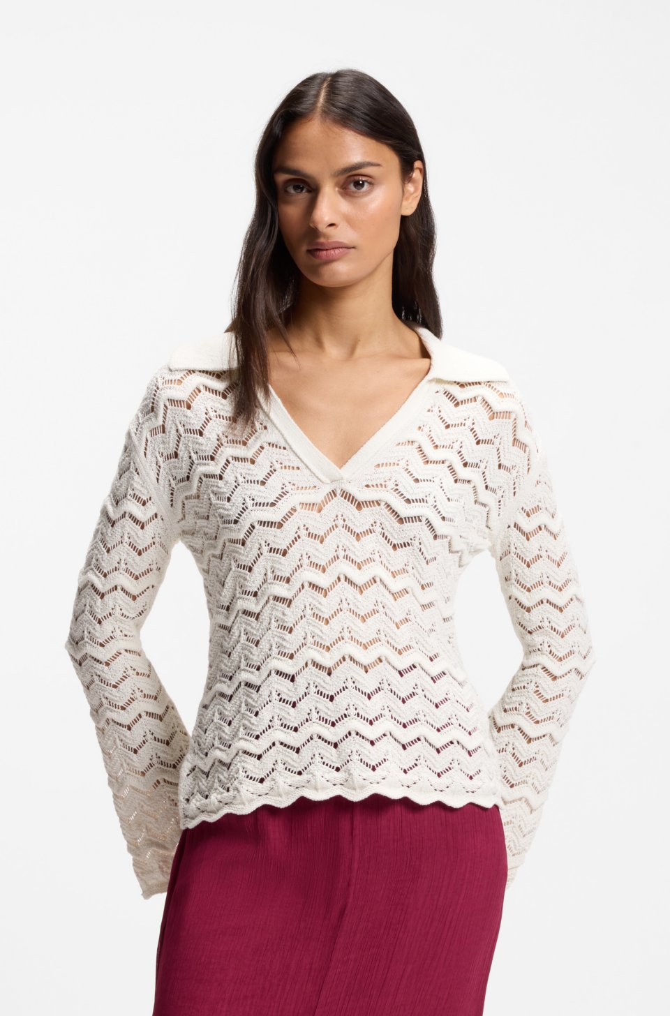 V-neck sweater in an open-knit cotton blend